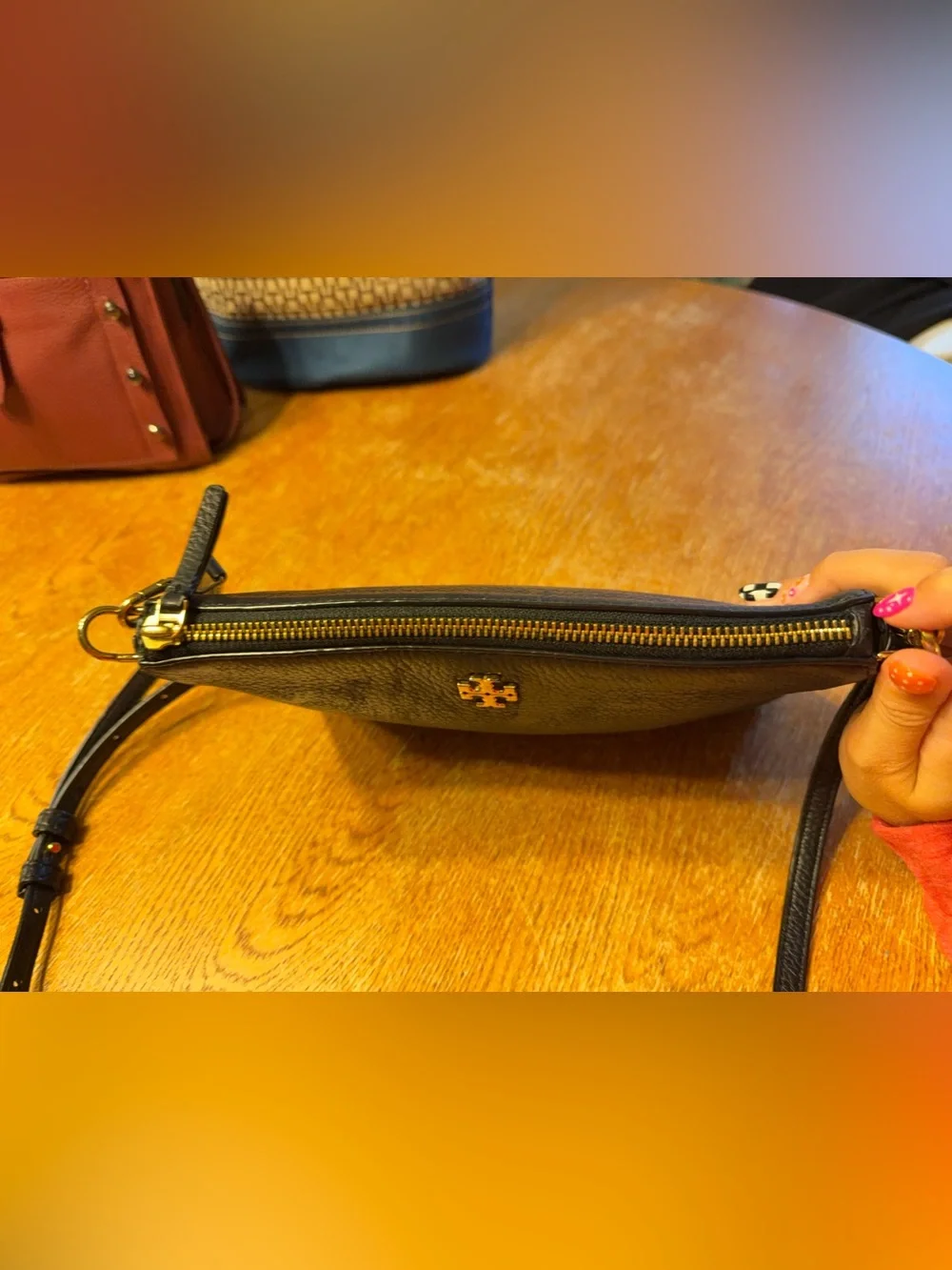 Tory Burch Black Pebbled Leather Wristlet with Gold Logo